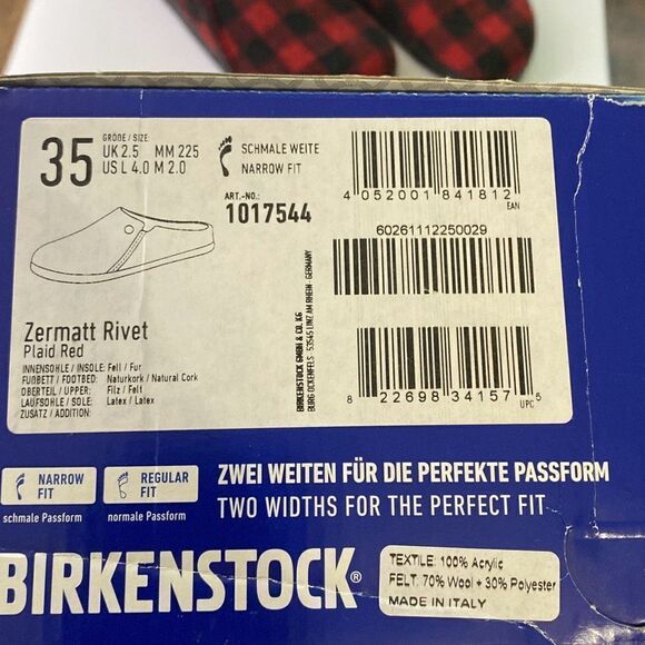 New in Box Birkenstock Zermatt Red plaid slipper shoe Sz 35 US 4.5/5 - Picture 3 of 11